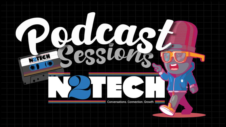 Podcast Sessions N2TECH logo featuring a cassette tape, animated character in pink outfit with glasses and top hat on black grid background